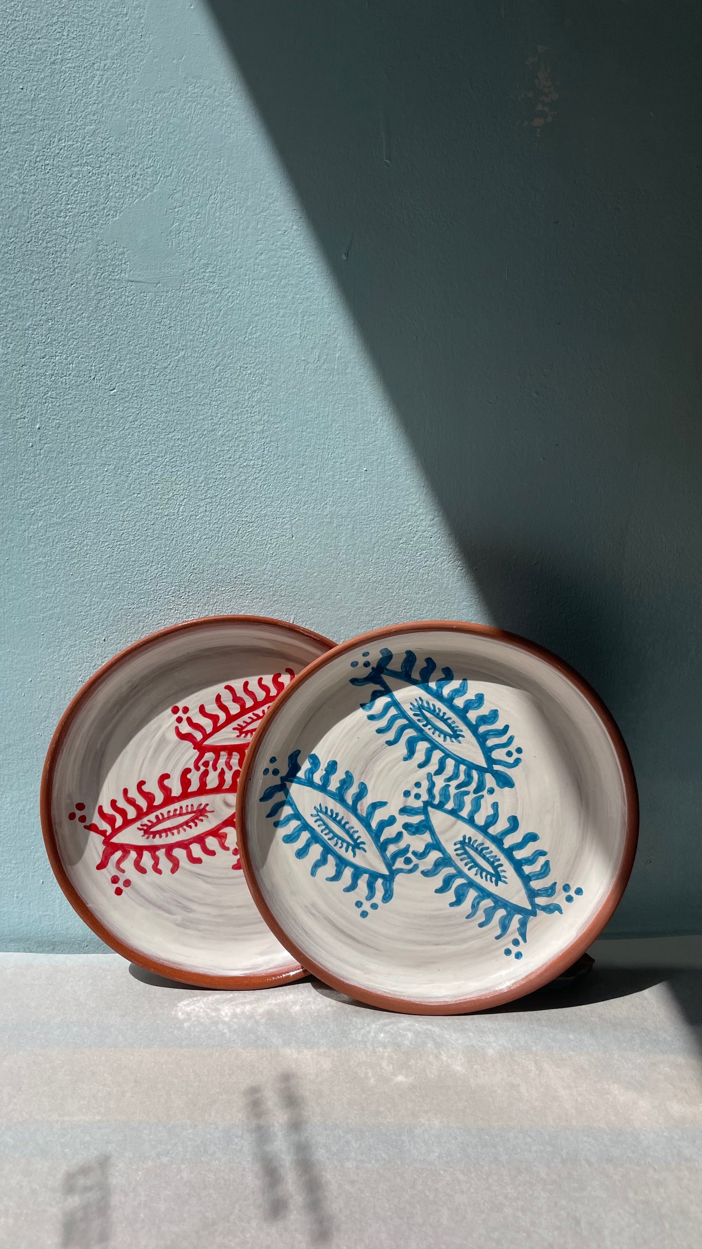 Handmade Georgian Ceramic Plate Set (Red & Blue, 2 pcs)