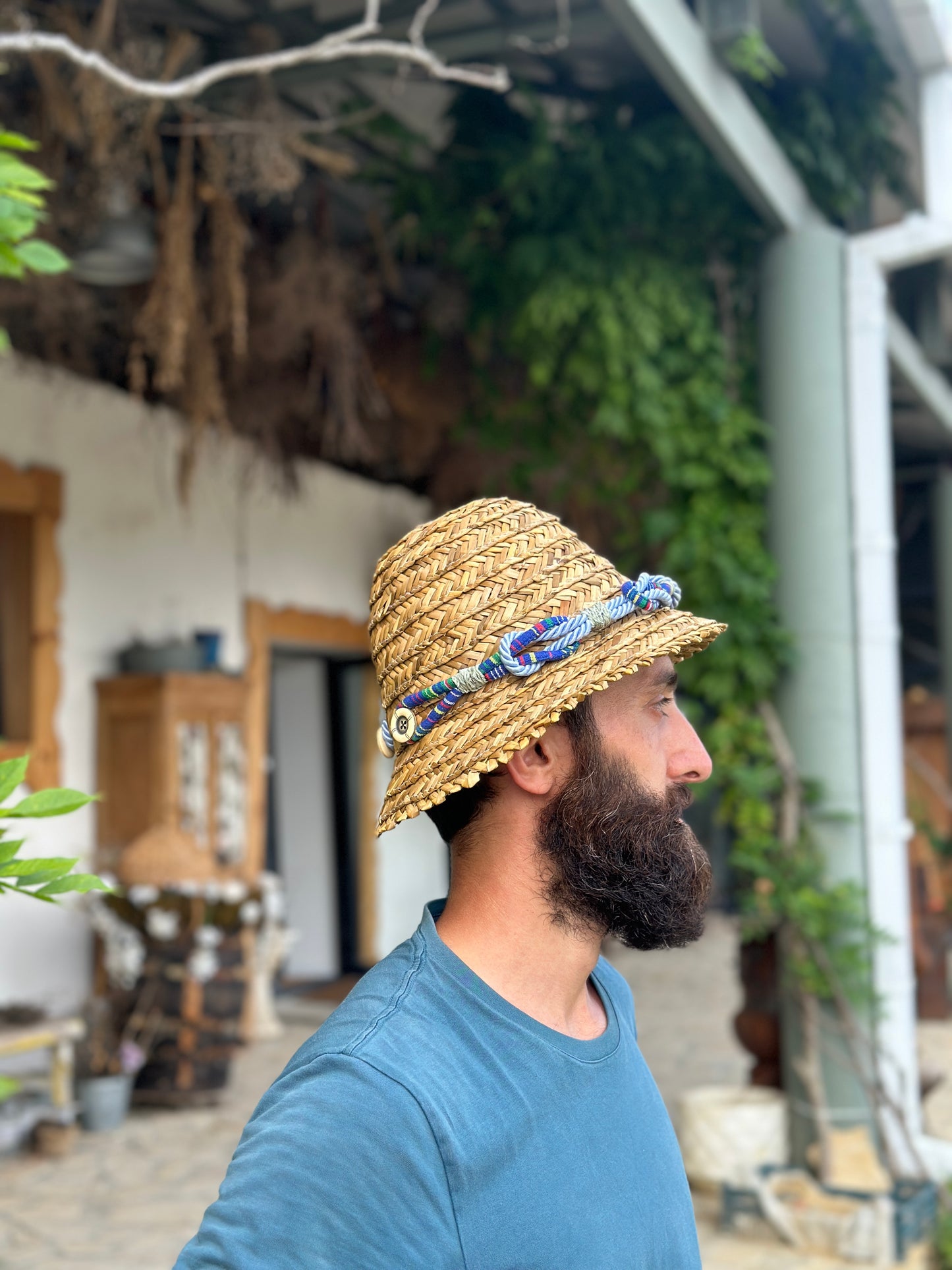 Moskana blue straw hat handmade khvicha