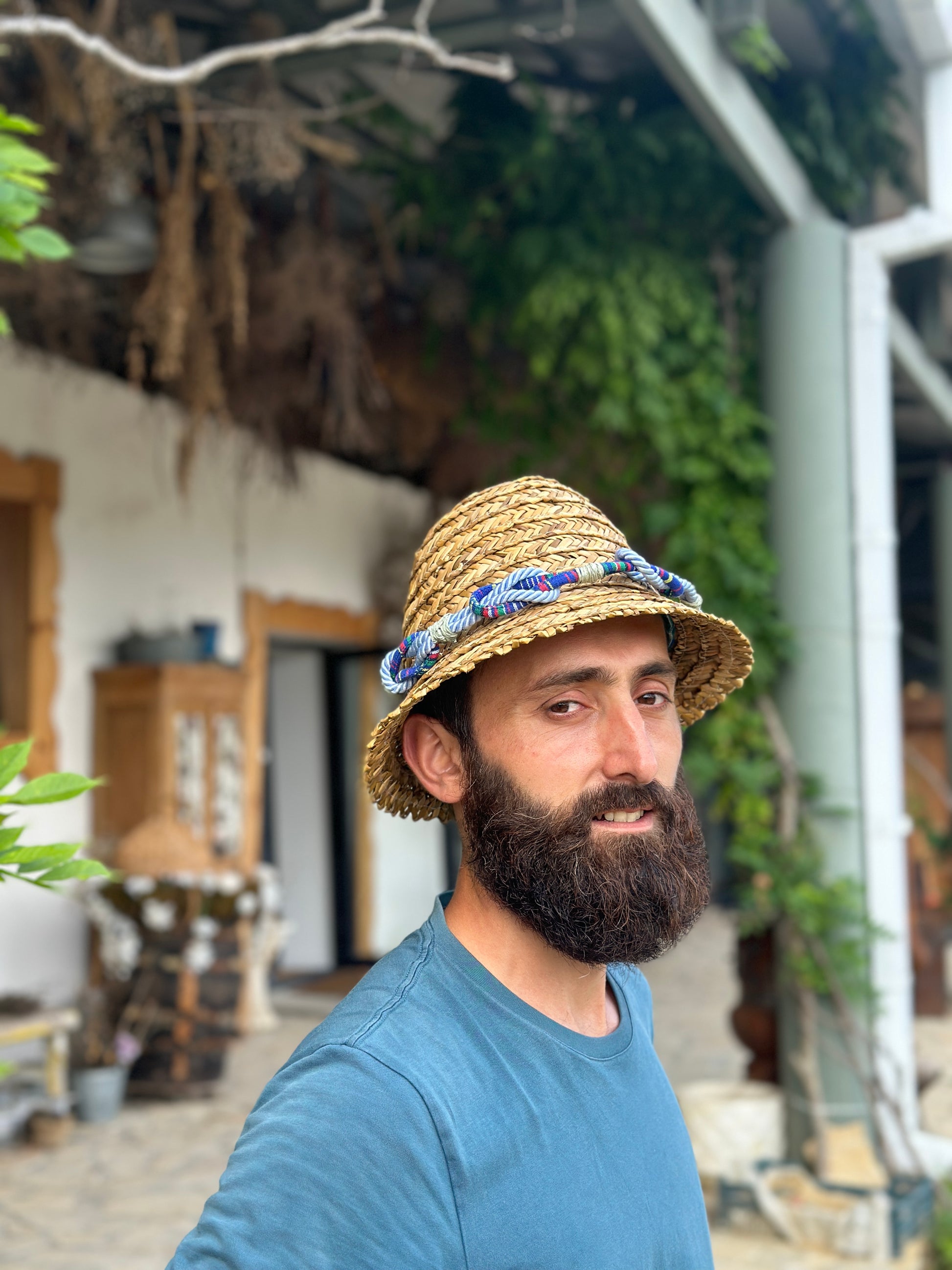 Moskana blue straw hat handmade khvicha