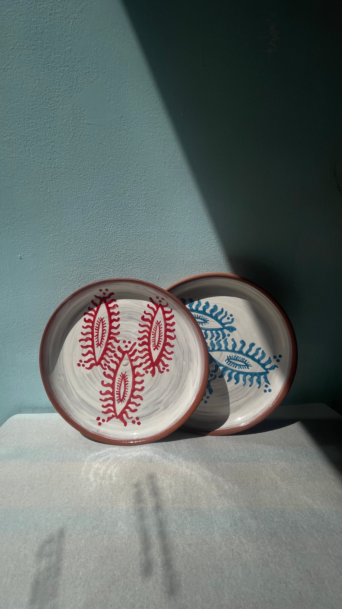 Handmade Georgian Ceramic Plate Set (Red & Blue, 2 pcs)