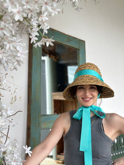 Moskana teal straw hat handmade sophiko